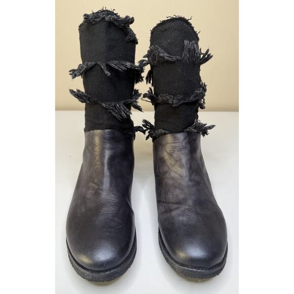 Papucei Avant-Garde Boot Womens EU 41 US 10 Black Leather Fringe Canvas Back Zip - Picture 5 of 10